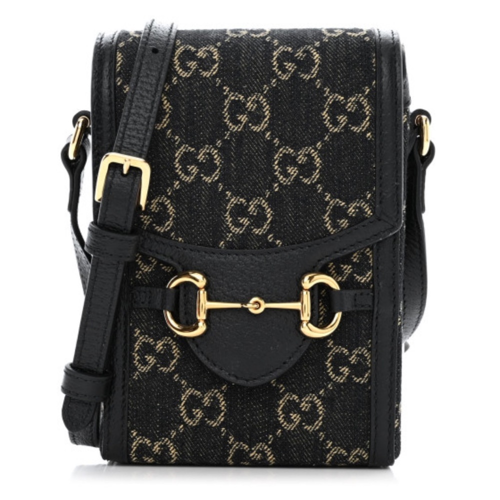 GUCCI Jacquard Black Denim GG Monogram Calfskin Horsebit 1955 Crossbody Bag